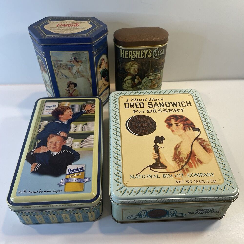 Vintage Advertising Metal Tin Lot (4) Oreo Domino Sugar Hershey’s Coca-Cola